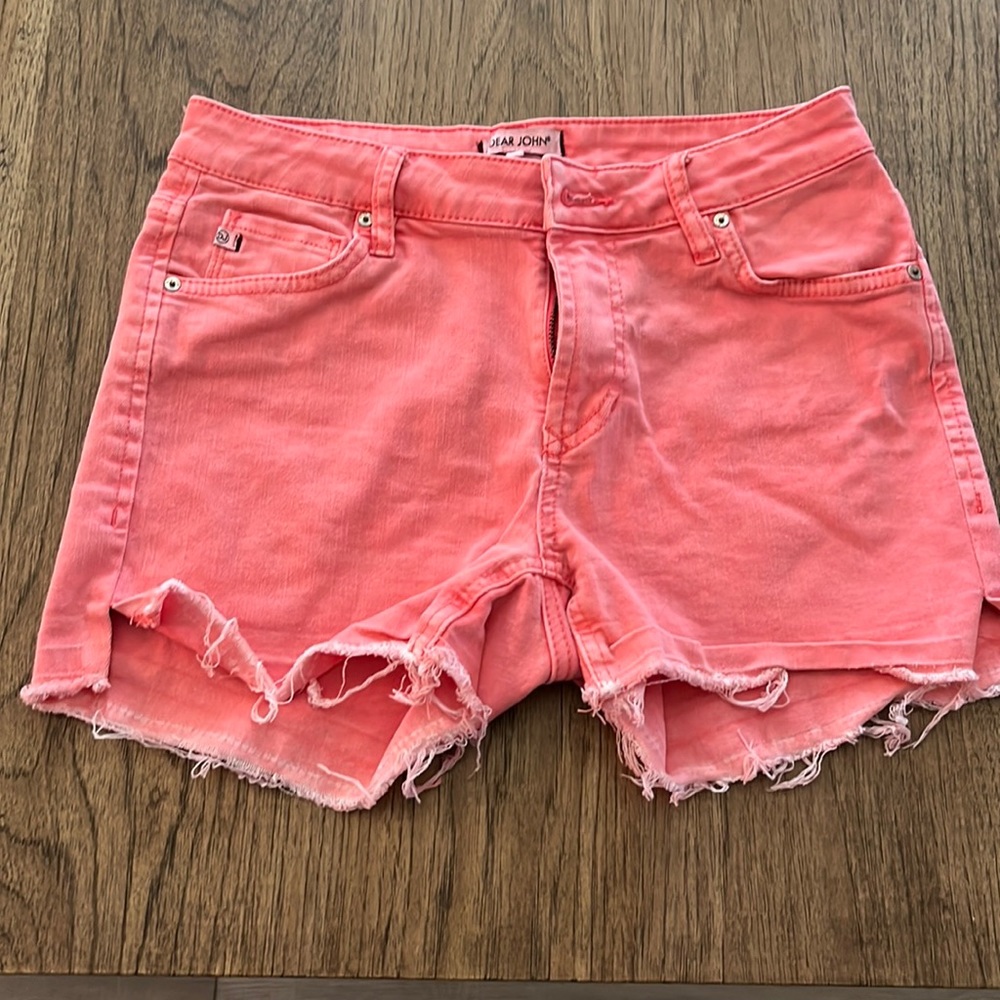 Coral denim shorts, frayed hems, 26 inch waist